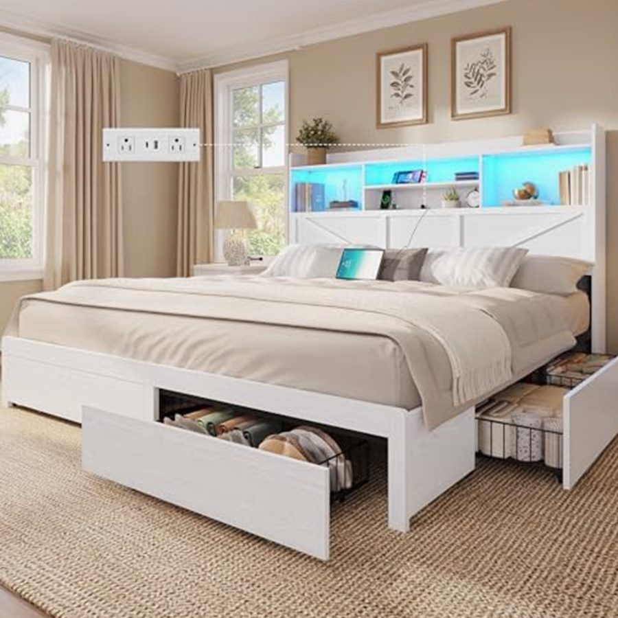 California King Farmhouse Bed with Bookcase Headboard