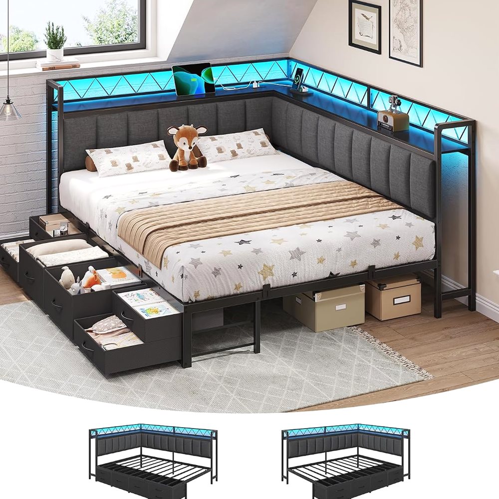Corner Queen Bed with 6 Drawers & Upholstered Guardrail