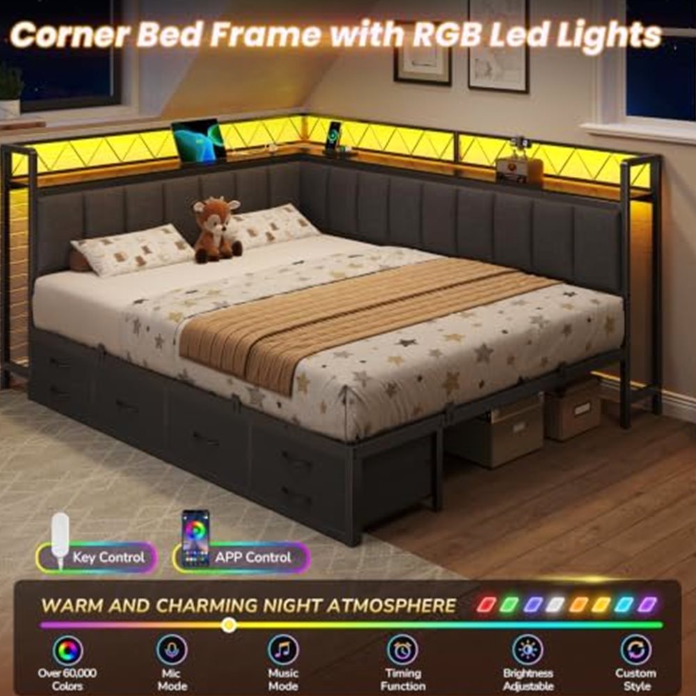 Corner Queen Bed with 6 Drawers & Upholstered Guardrail — view 4
