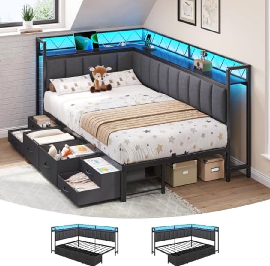 Corner Twin Bed with Upholstered Rail & 6 Drawers