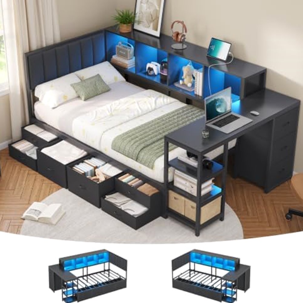 Corner Twin Bed with Desk, Bookcase & 9 Drawers — view 2
