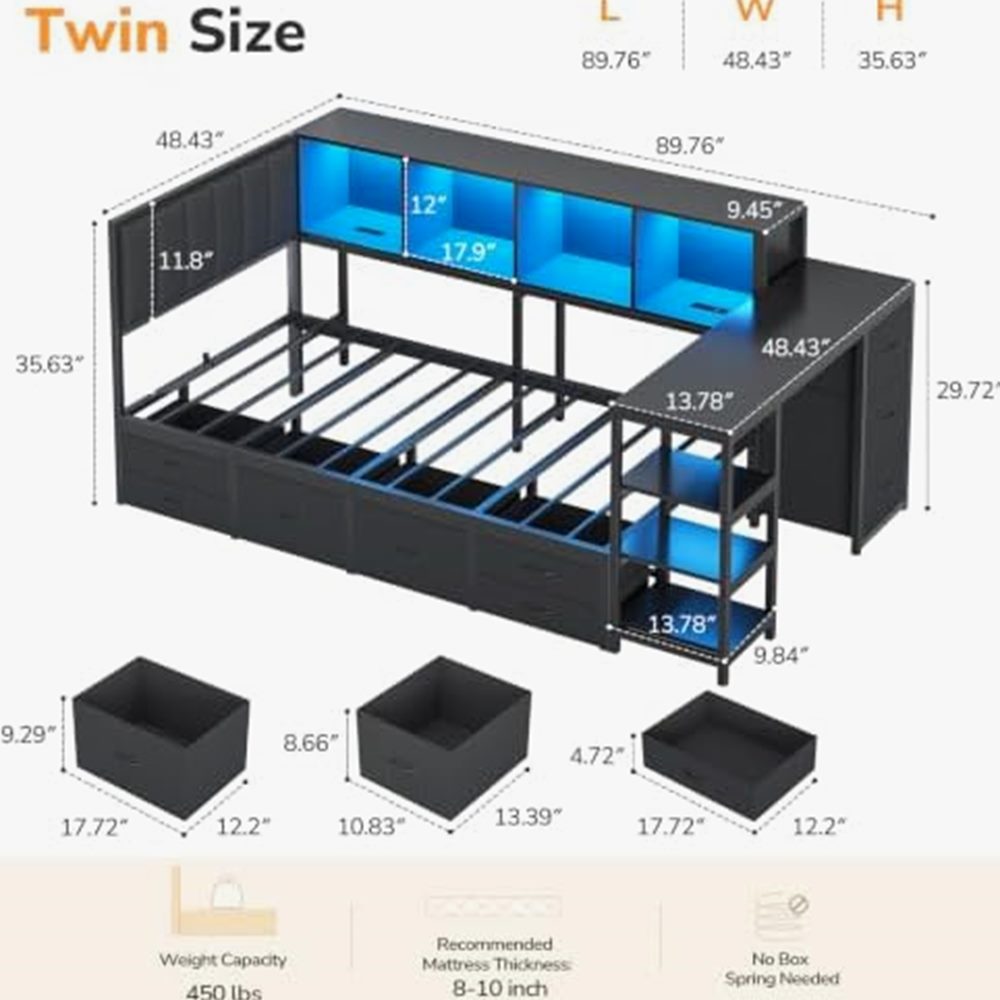Corner Twin Bed with Desk, Bookcase & 9 Drawers — view 3