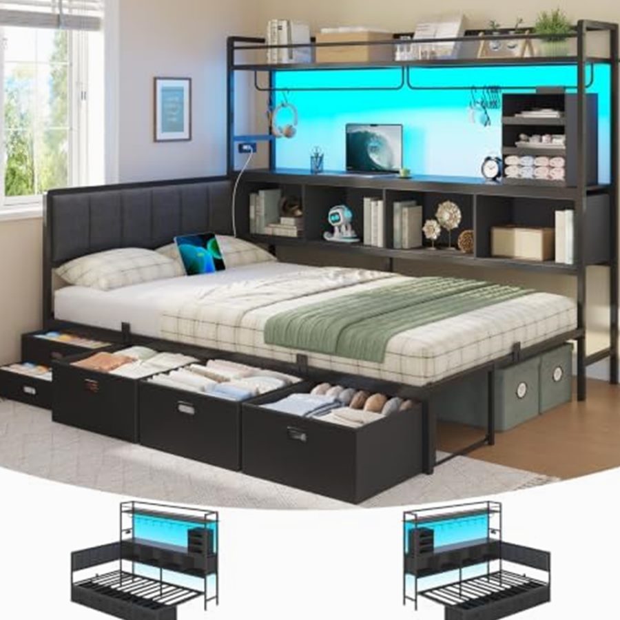 Corner Twin Bed with Tall Bookshelf & 5 Drawers — photo 1 of 6