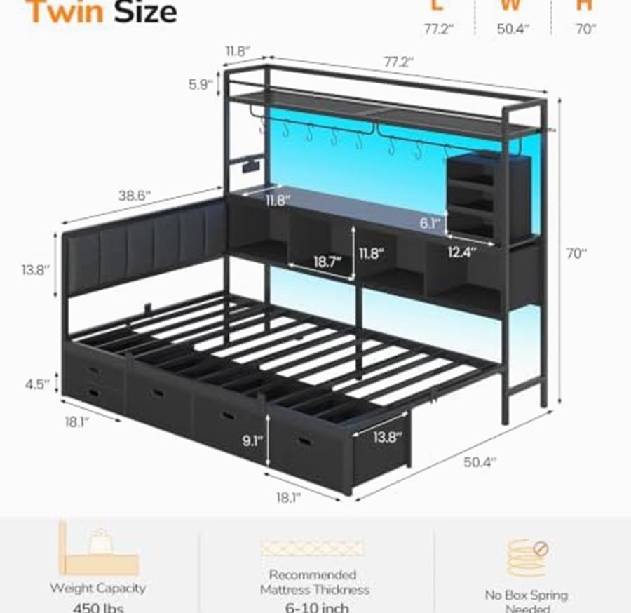 Corner Twin Bed with Tall Bookshelf & 5 Drawers — photo 2 of 6