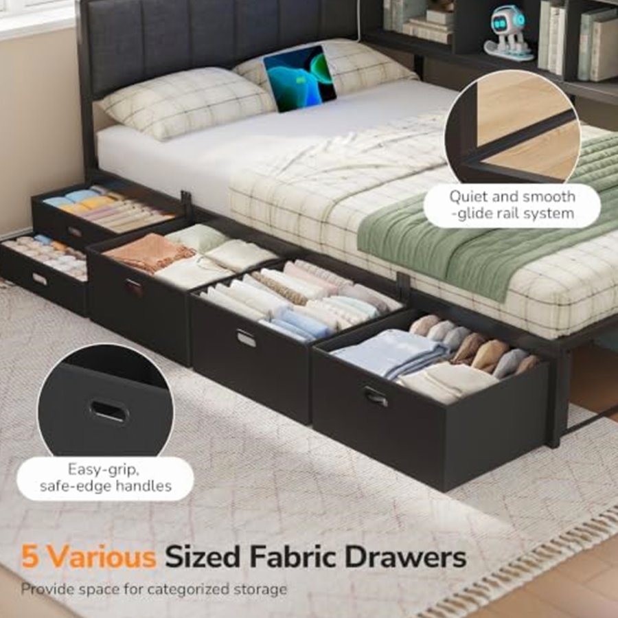 Corner Twin Bed with Tall Bookshelf & 5 Drawers — photo 6 of 6