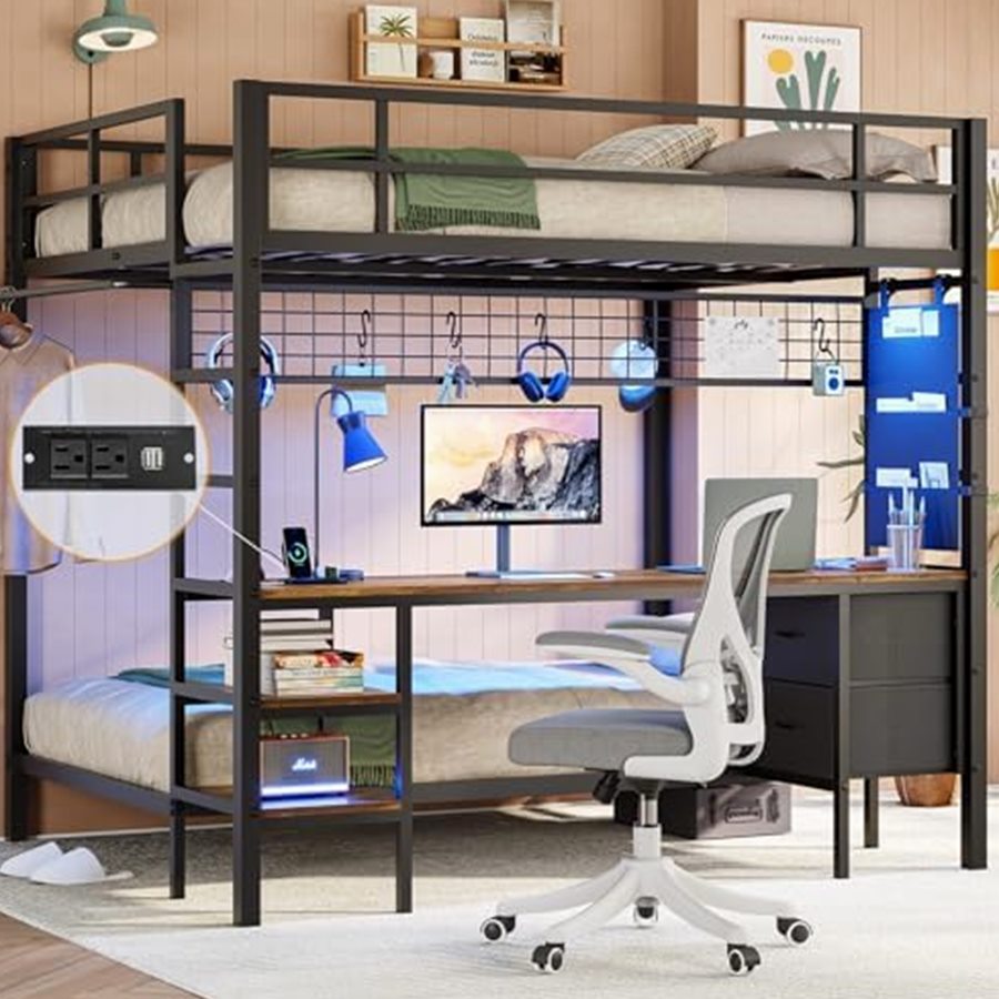 Full Over Twin Bunk Bed with Desk & RGB Lights