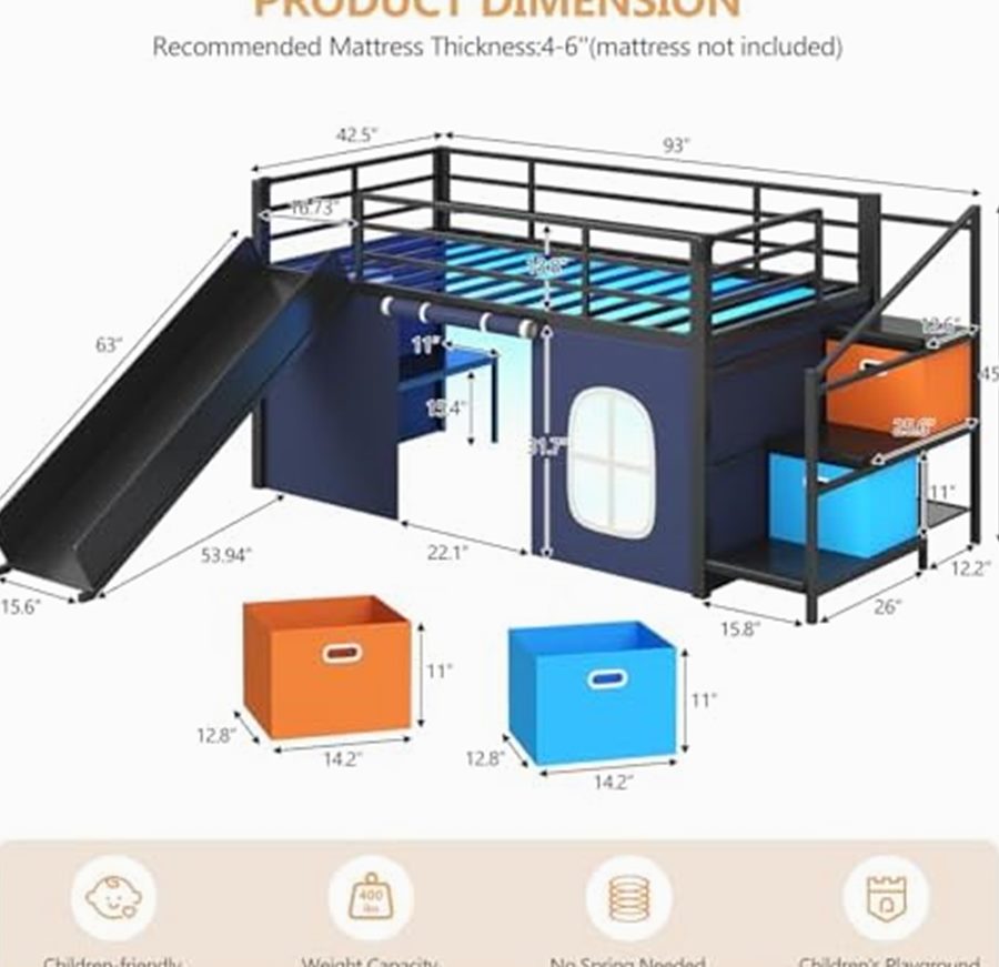 Low Loft Bed with Slide, Storage Stairs & Play Tent — photo 2 of 6