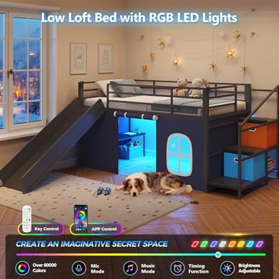 Low Loft Bed with Slide, Storage Stairs & Play Tent — photo 4 of 6