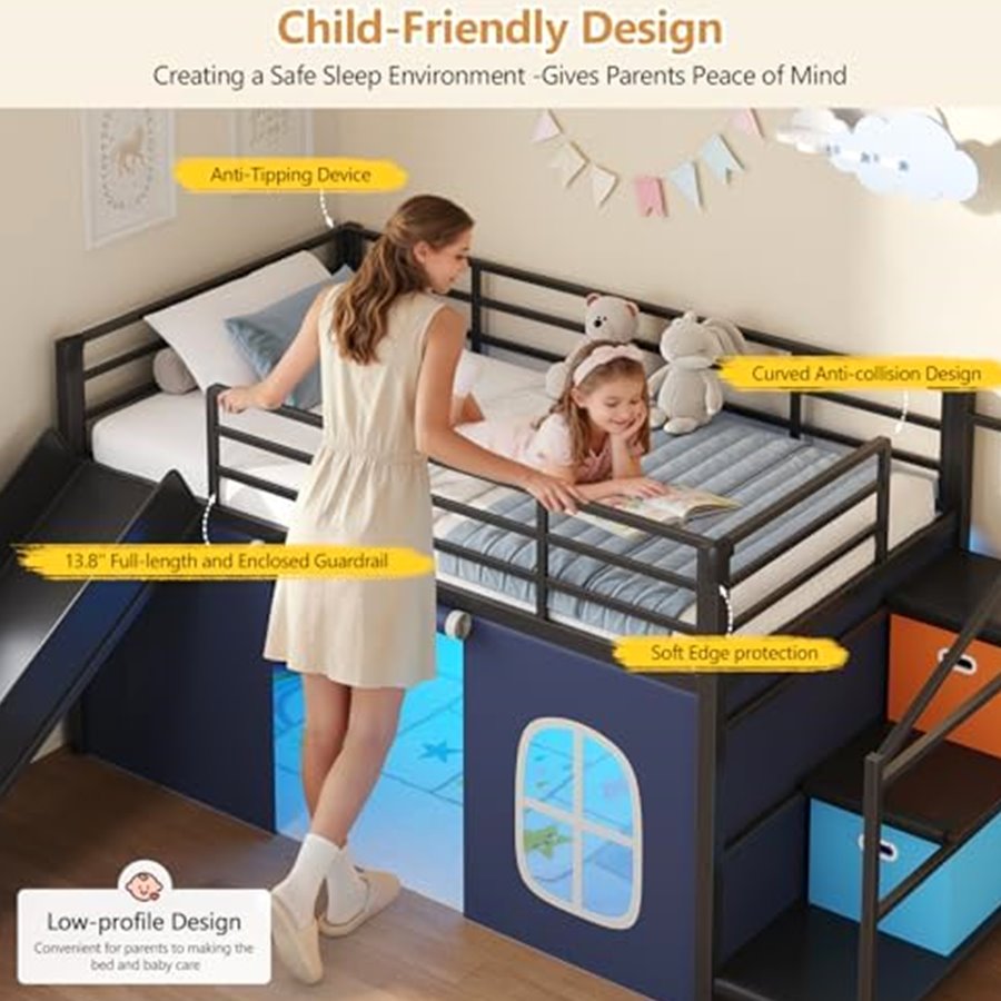 Low Loft Bed with Slide, Storage Stairs & Play Tent — photo 6 of 6