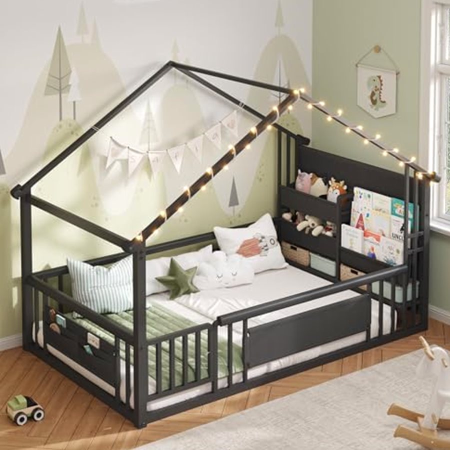 Twin Montessori Floor Bed with Bookshelf & String Lights