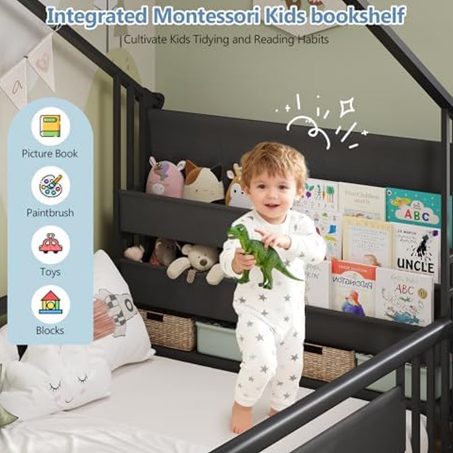 Twin Montessori Floor Bed with Bookshelf & String Lights — photo 4 of 6