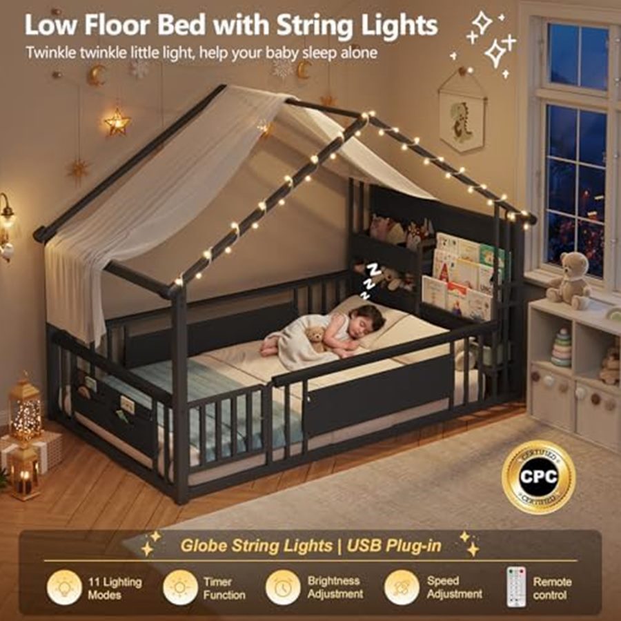 Twin Montessori Floor Bed with Bookshelf & String Lights — photo 5 of 6