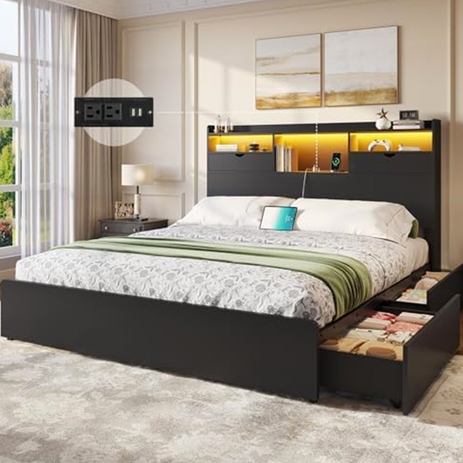 Queen Black Platform Bed with Storage Headboard & 4 Drawers — photo 1 of 6