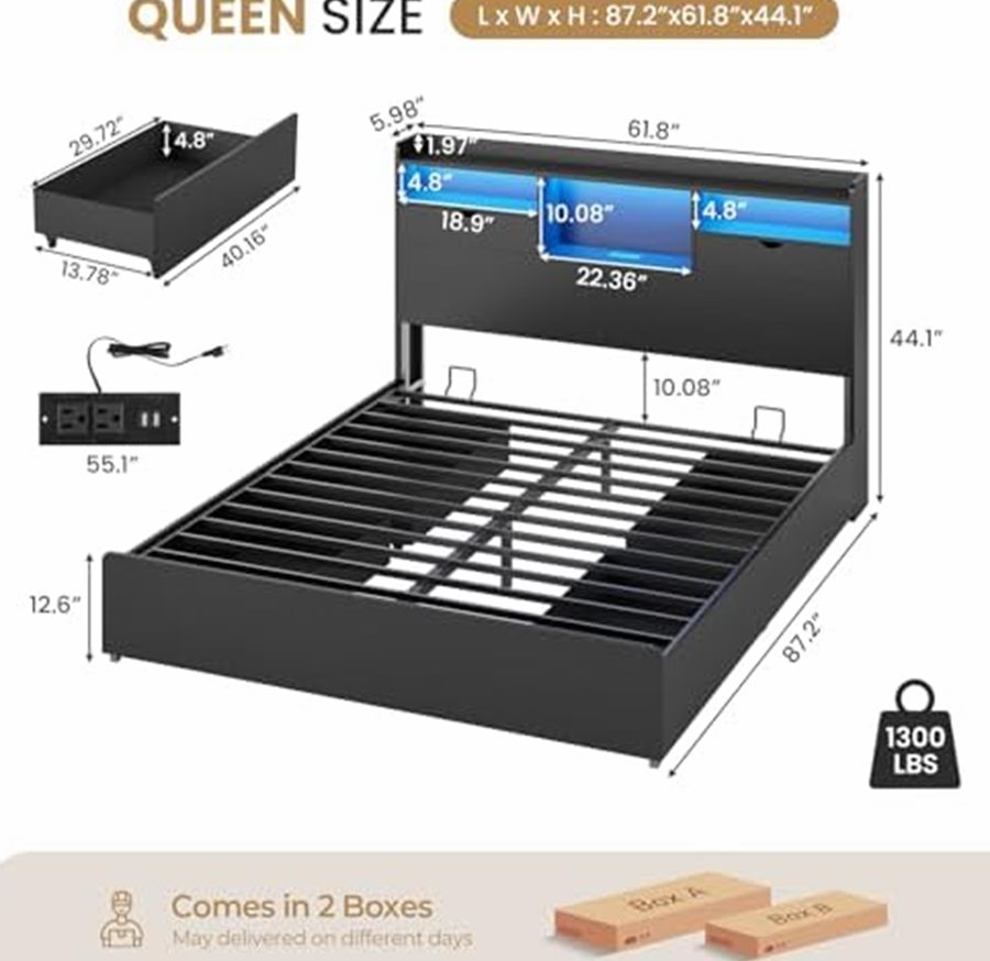 Queen Black Platform Bed with Storage Headboard & 4 Drawers — photo 2 of 6