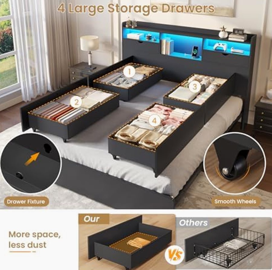 Queen Black Platform Bed with Storage Headboard & 4 Drawers — photo 4 of 6