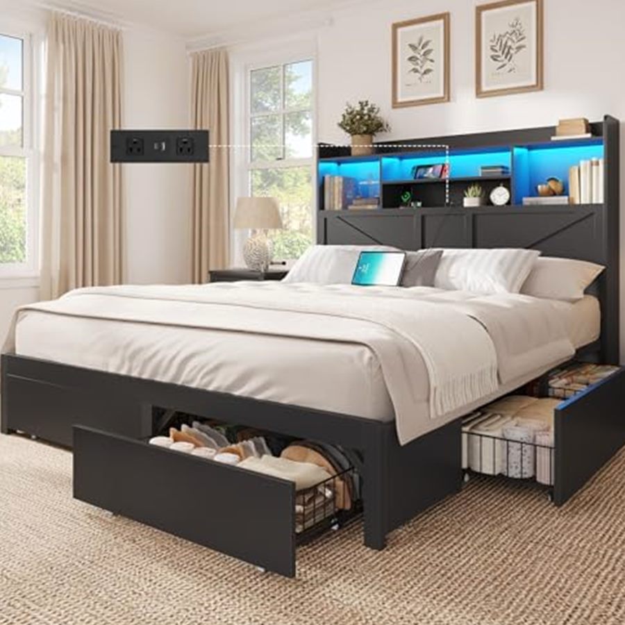 Queen Farmhouse Bed with Bookcase Headboard & 6 Drawers