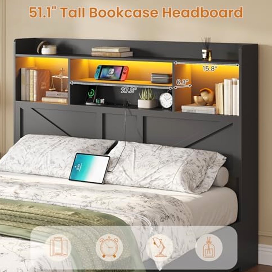 Queen Farmhouse Bed with Bookcase Headboard & 6 Drawers — photo 4 of 6