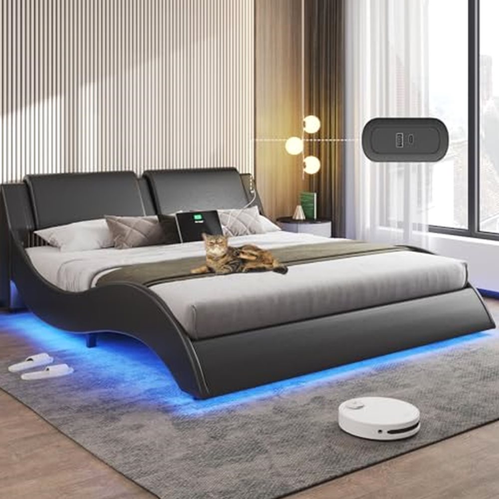 Queen Platform Bed with RGB LED & Wave Headboard — view 2