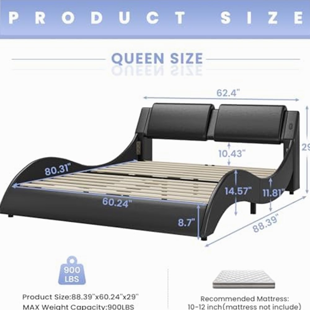 Queen Platform Bed with RGB LED & Wave Headboard — view 3
