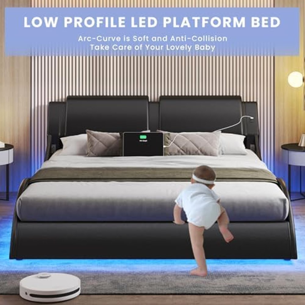 Queen Platform Bed with RGB LED & Wave Headboard — view 4