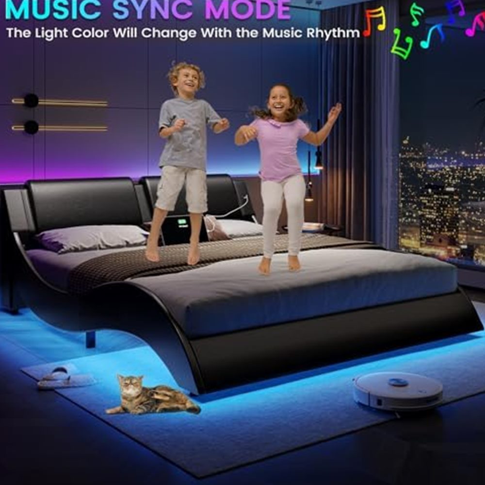 Queen Platform Bed with RGB LED & Wave Headboard — view 6