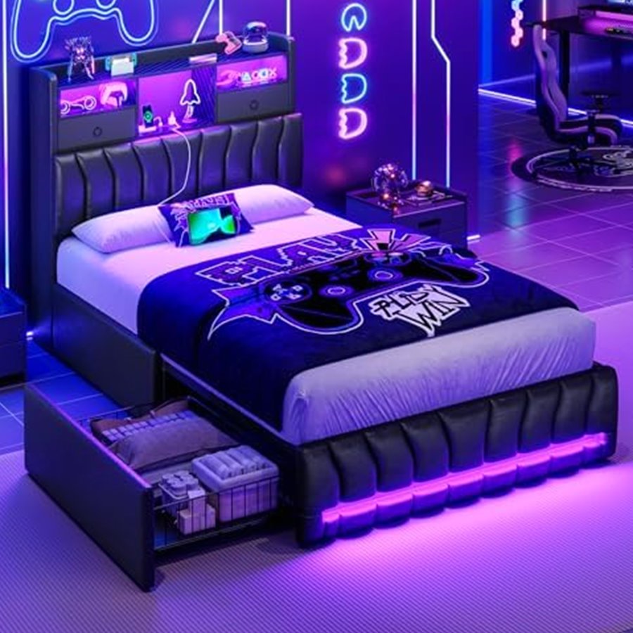 Twin Gaming Bed with RGB Lights & Storage Headboard — photo 1 of 6