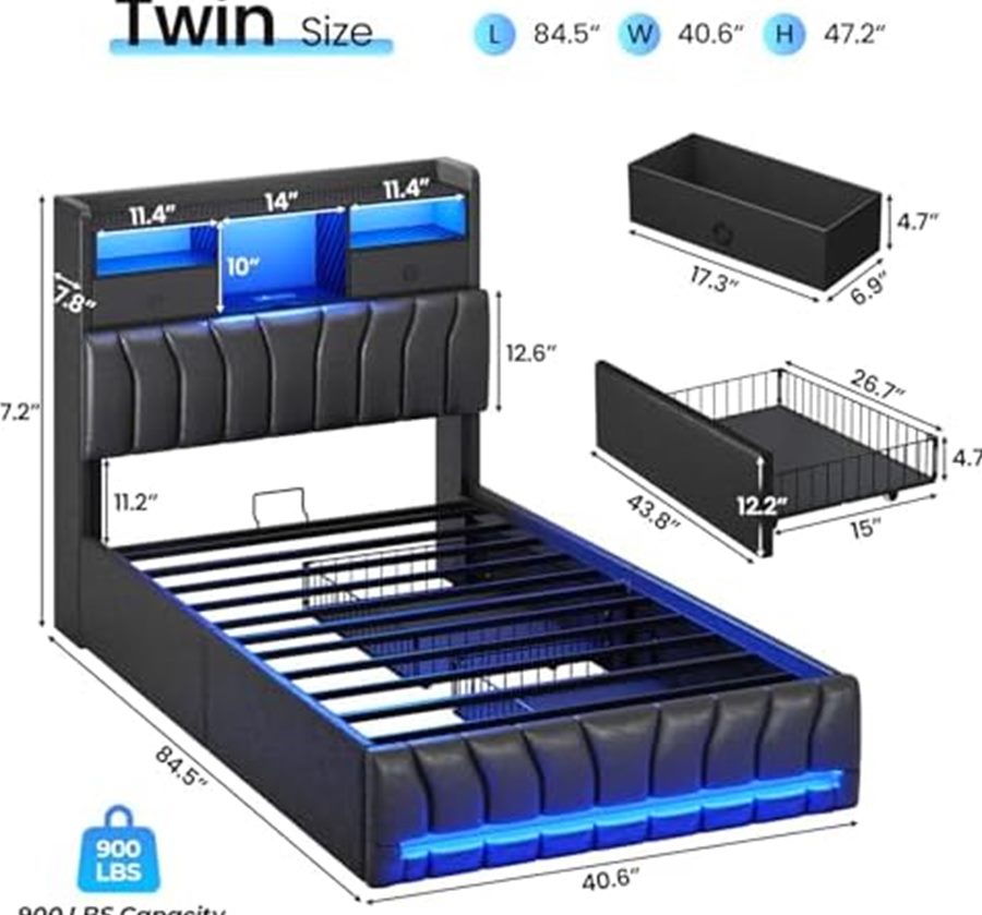 Twin Gaming Bed with RGB Lights & Storage Headboard — photo 2 of 6