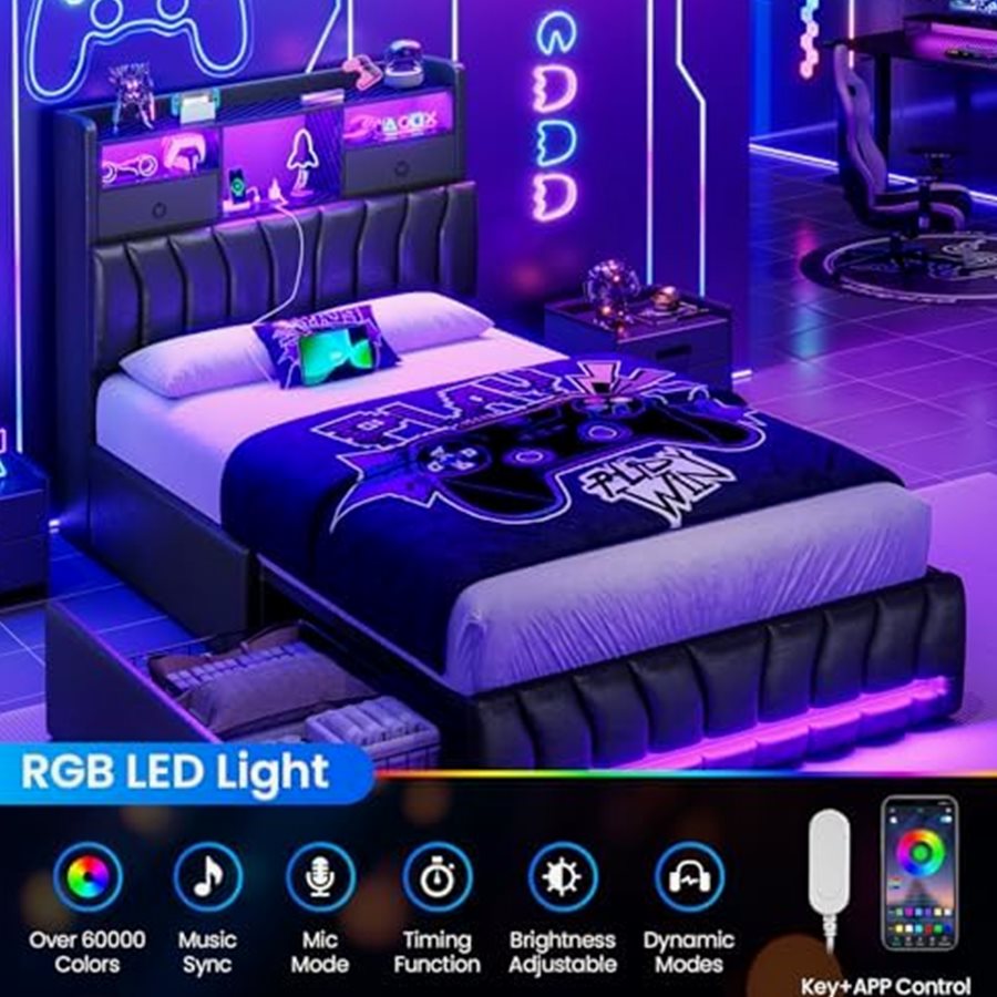 Twin Gaming Bed with RGB Lights & Storage Headboard — photo 5 of 6