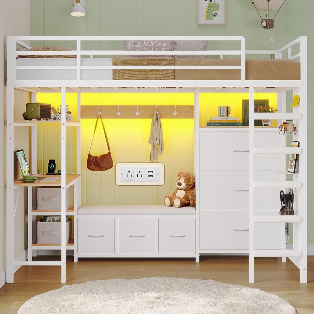 Twin Loft Bed with Coat Rack, Desk & 6 Drawers