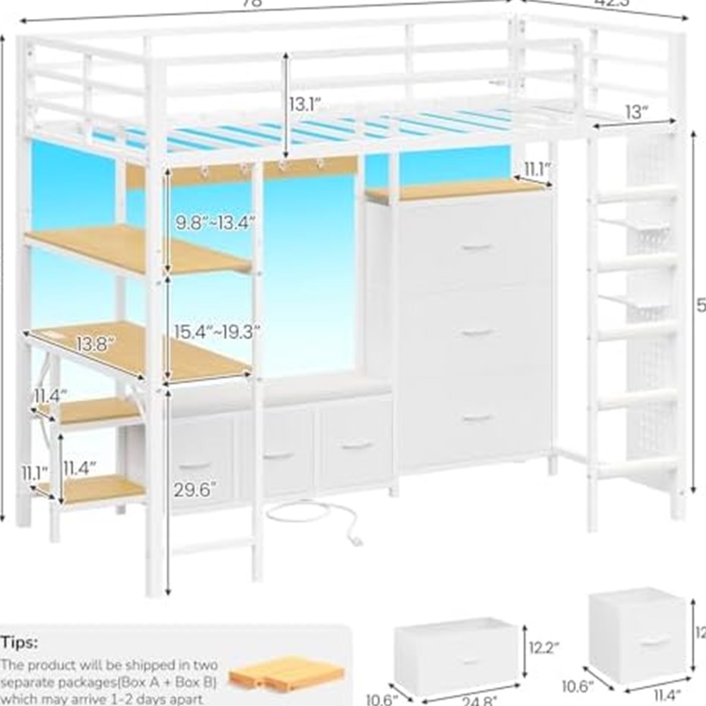 Twin Loft Bed with Coat Rack, Desk & 6 Drawers — view 3