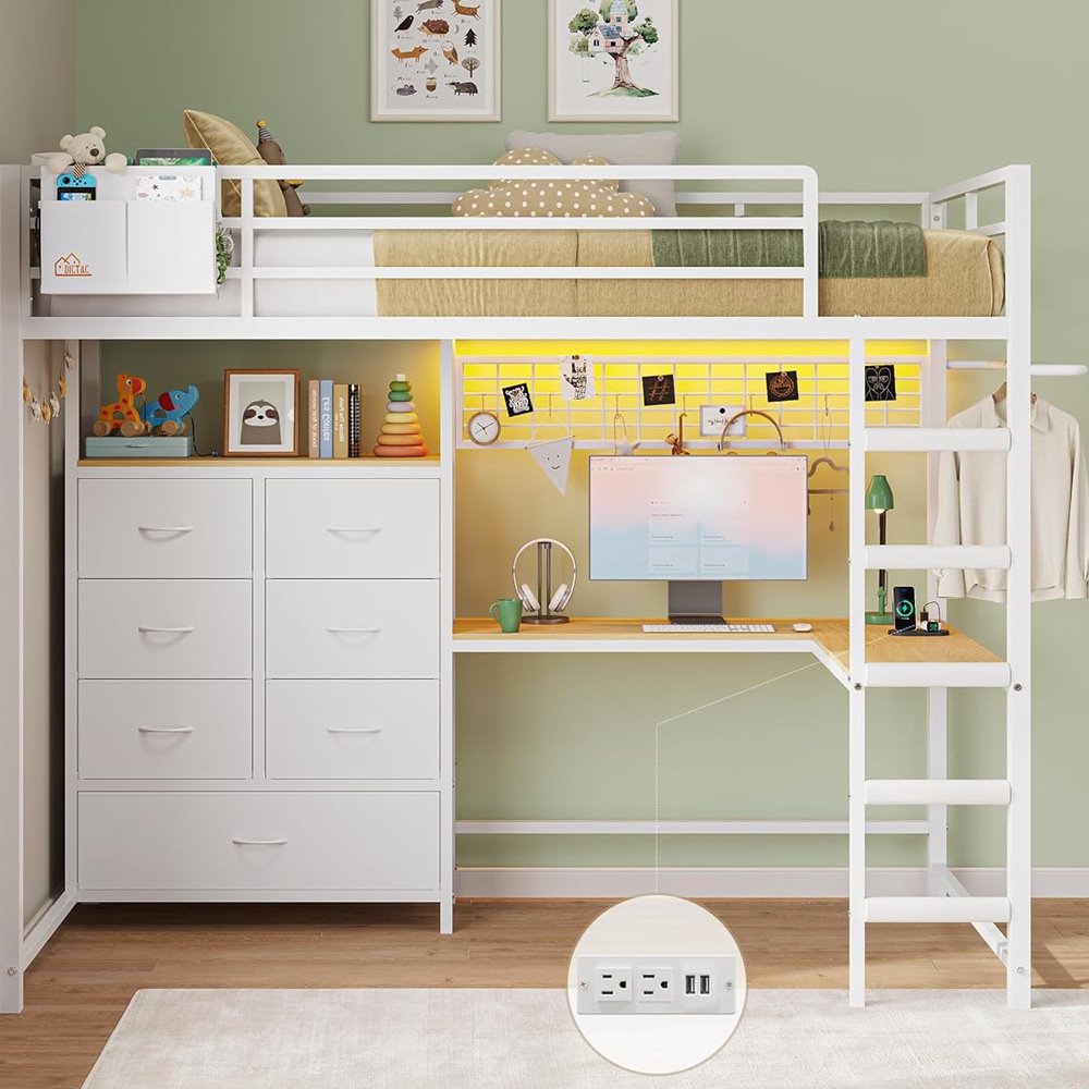 Twin Loft Bed with L-Shaped Desk & 7 Storage Drawers