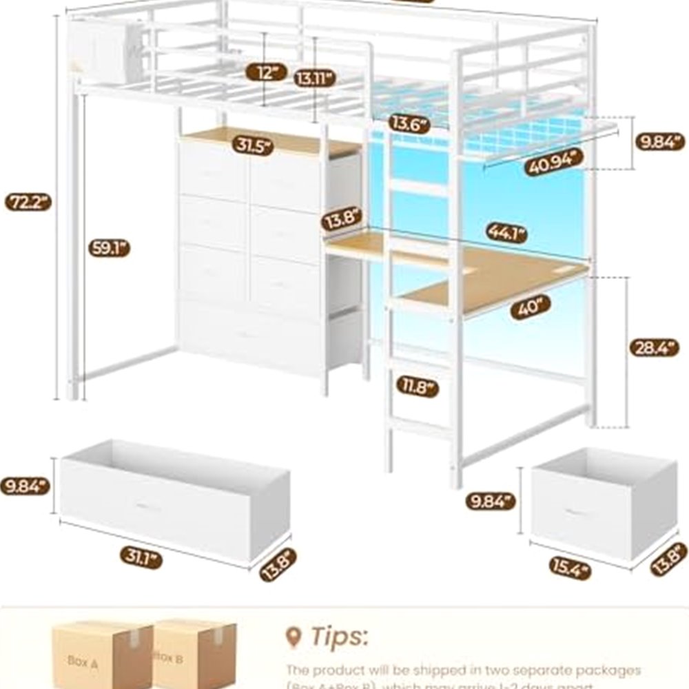Twin Loft Bed with L-Shaped Desk & 7 Storage Drawers — view 4