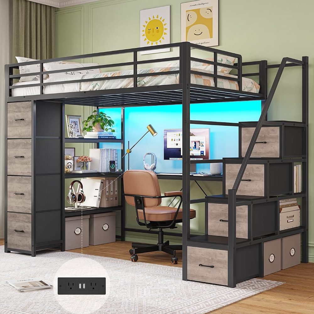 Twin Loft Bed with Storage Stairs & 8 Drawers