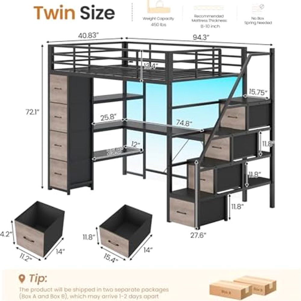 Twin Loft Bed with Storage Stairs & 8 Drawers — view 3