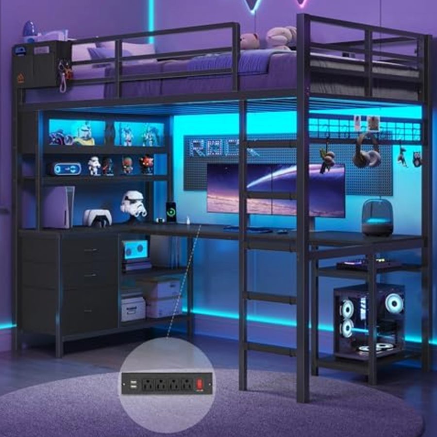 Gaming Loft Bed with L-Shaped Desk & Glass Cabinet — photo 1 of 6