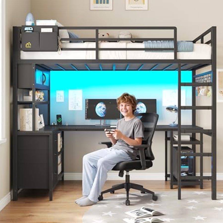 Gaming Loft Bed with L-Shaped Desk & Glass Cabinet — photo 2 of 6