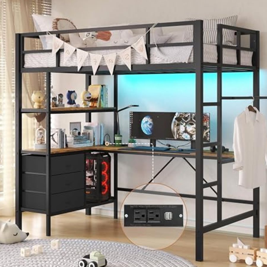 Twin Loft Bed with L-Shaped Desk, 3 Shelves & 3 Drawers — photo 1 of 6