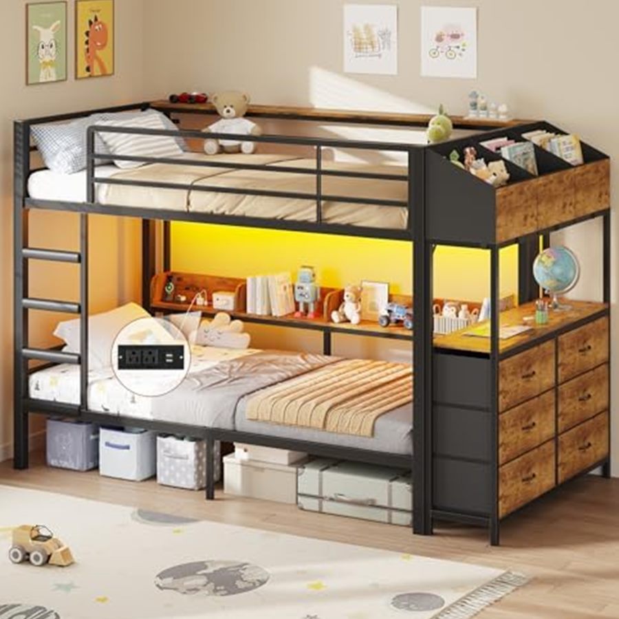 Twin Over Twin Bunk Bed with Side Bookcase & 6 Drawers — photo 1 of 6