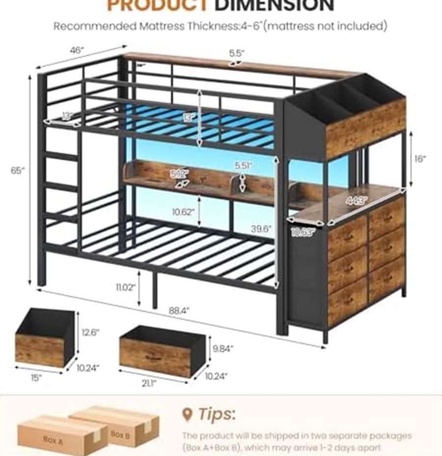 Twin Over Twin Bunk Bed with Side Bookcase & 6 Drawers — photo 2 of 6