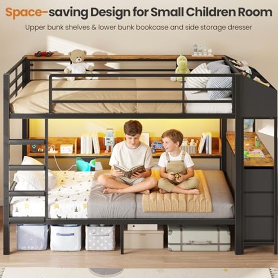 Twin Over Twin Bunk Bed with Side Bookcase & 6 Drawers — photo 3 of 6
