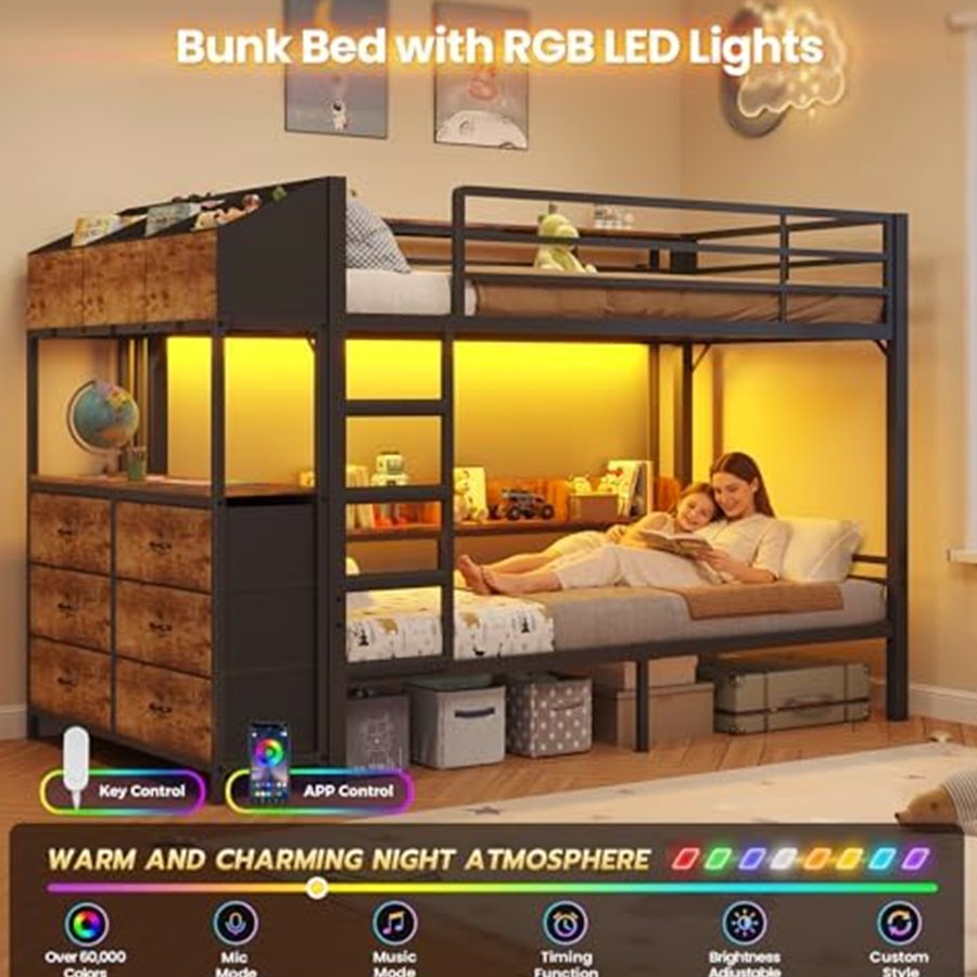 Twin Over Twin Bunk Bed with Side Bookcase & 6 Drawers — photo 4 of 6