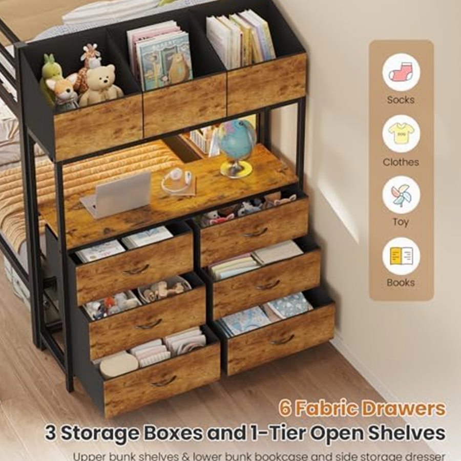 Twin Over Twin Bunk Bed with Side Bookcase & 6 Drawers — photo 5 of 6
