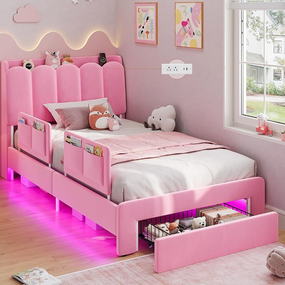 Twin Princess Bed with Velvet Headboard & Guardrails