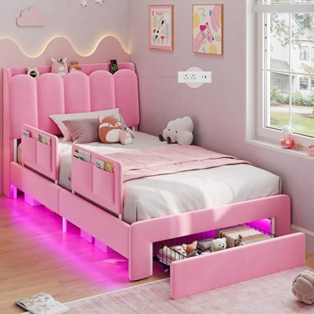 Twin Princess Bed with Velvet Headboard & Guardrails — view 2