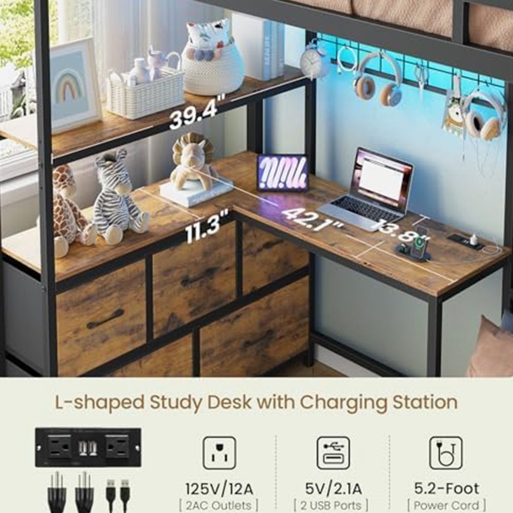 Bunk Bed with L-Shaped Desk, 5 Drawers & 2 Shelves — view 6